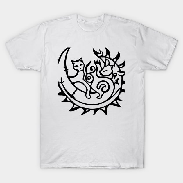 cats siting on crescent Moon's edge sun and moon T-Shirt by lazykitty